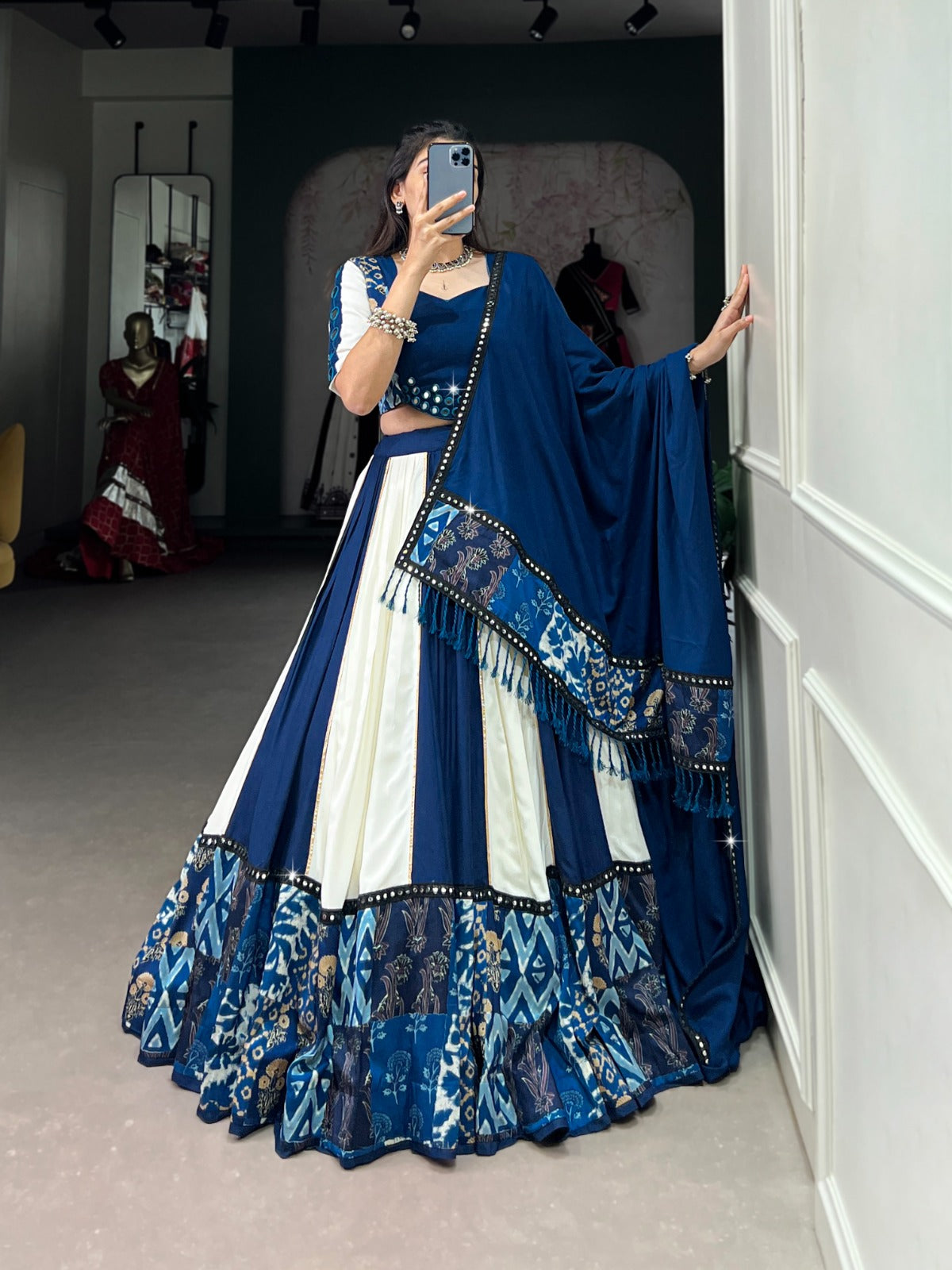 Womenline White And Blue Color Rayon Navratri Lehenga Choli