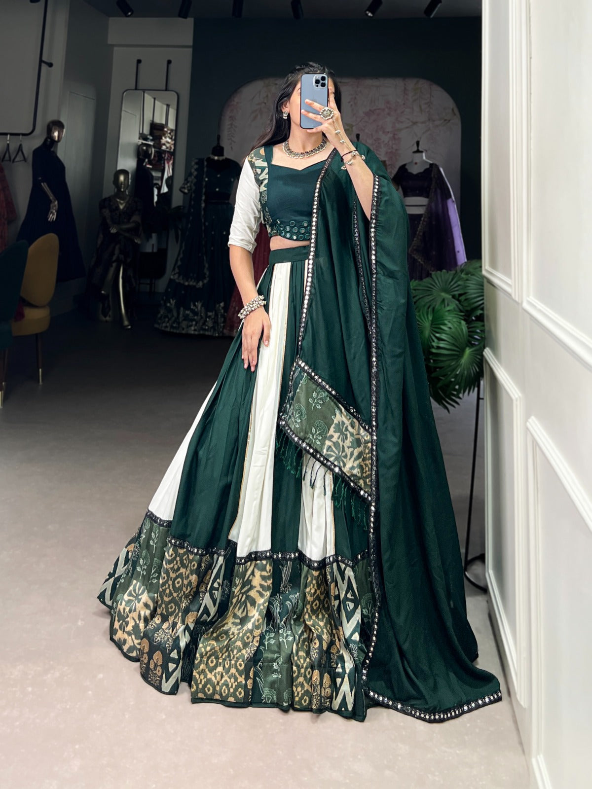 Womenline White And Green Color Rayon Navratri Lehenga Choli