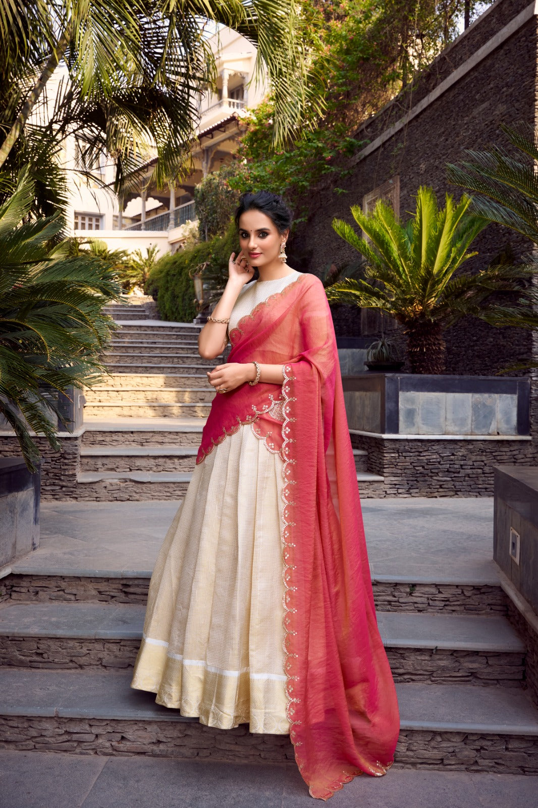 Womenline Off-White Color Jacquard Chex Half Saree