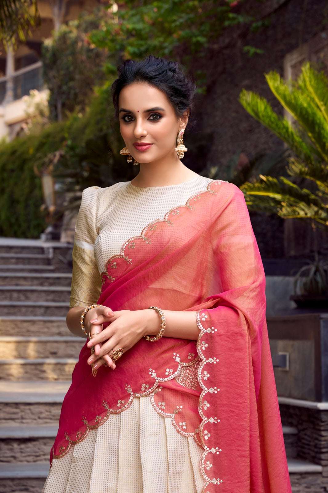 Womenline Off-White Color Jacquard Chex Half Saree