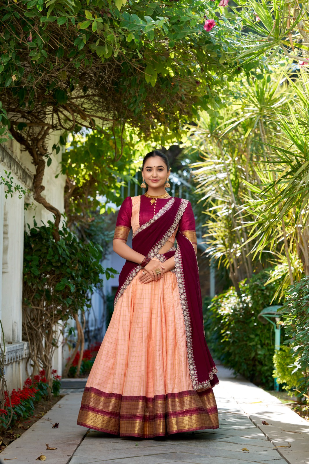 Womenline Premium Peach Color Zari Chex Half Saree