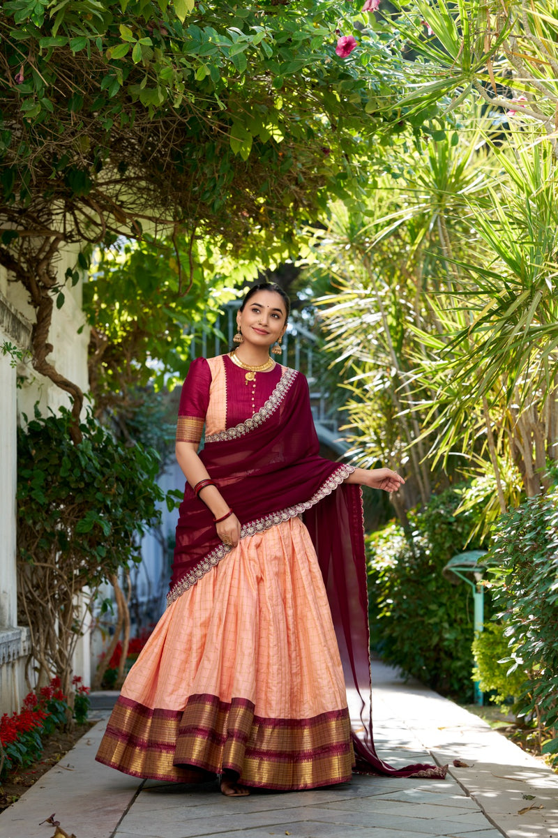 Womenline Premium Peach Color Zari Chex Half Saree