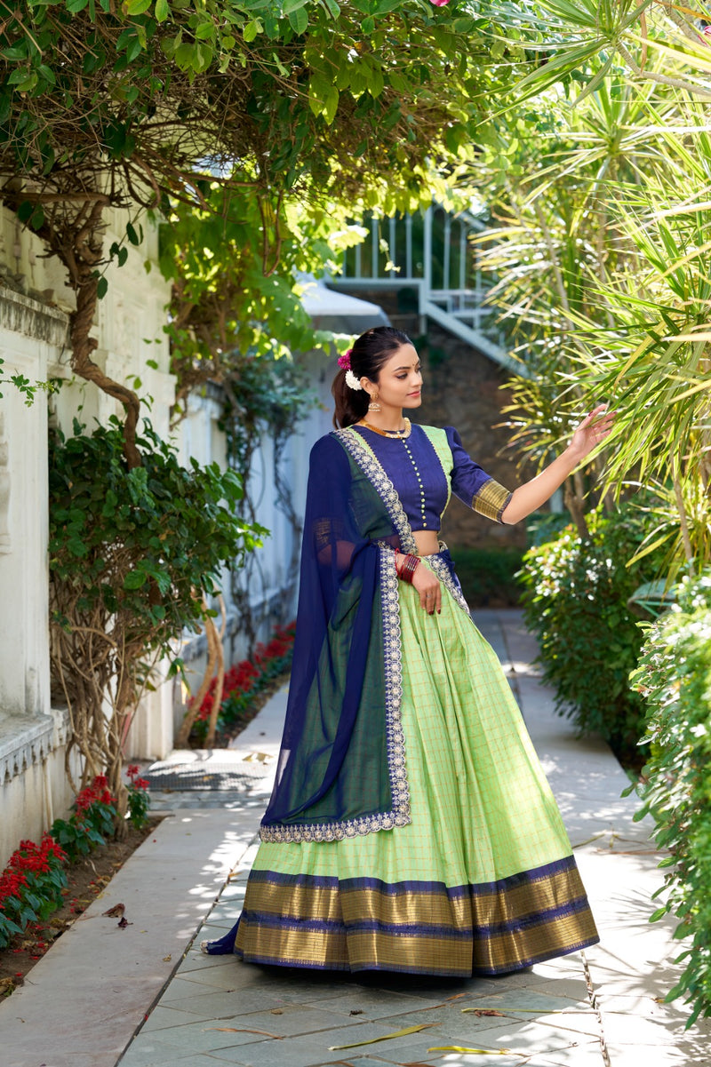 Womenline Premium Pista Color Zari Chex Half Saree