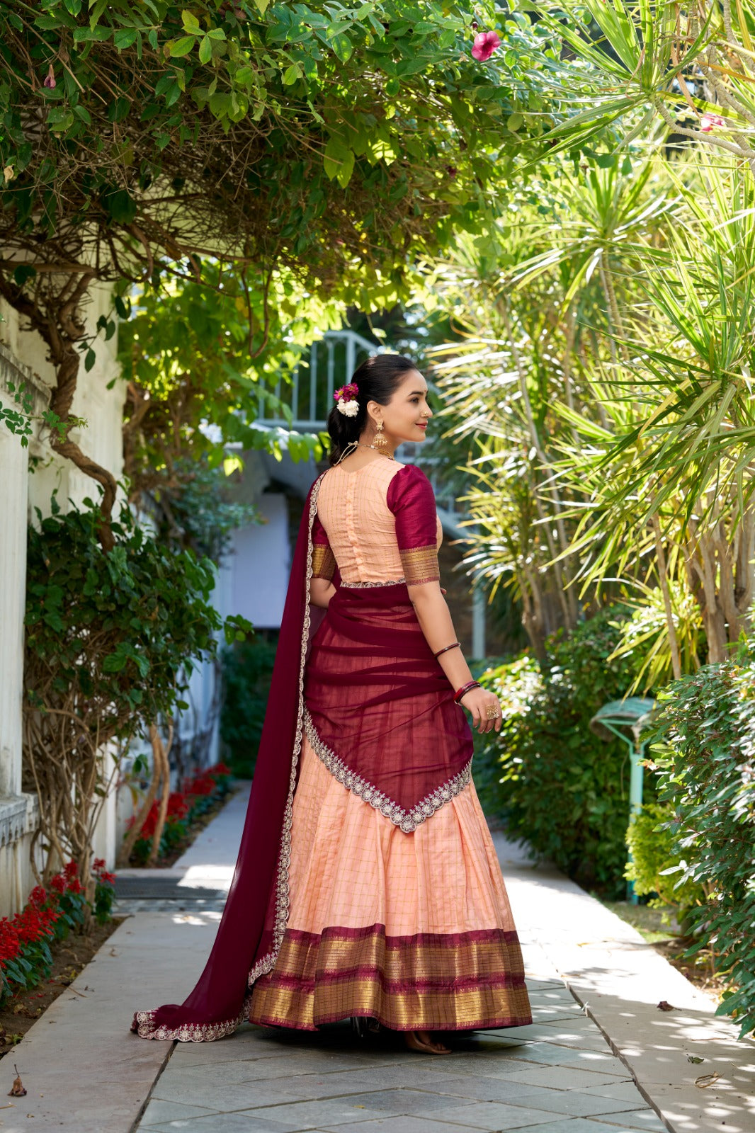 Womenline Premium Peach Color Zari Chex Half Saree