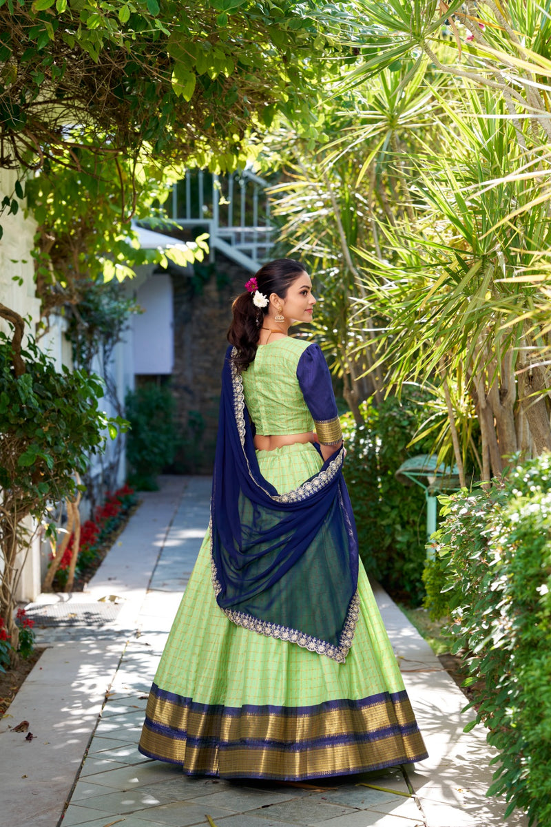 Womenline Premium Pista Color Zari Chex Half Saree