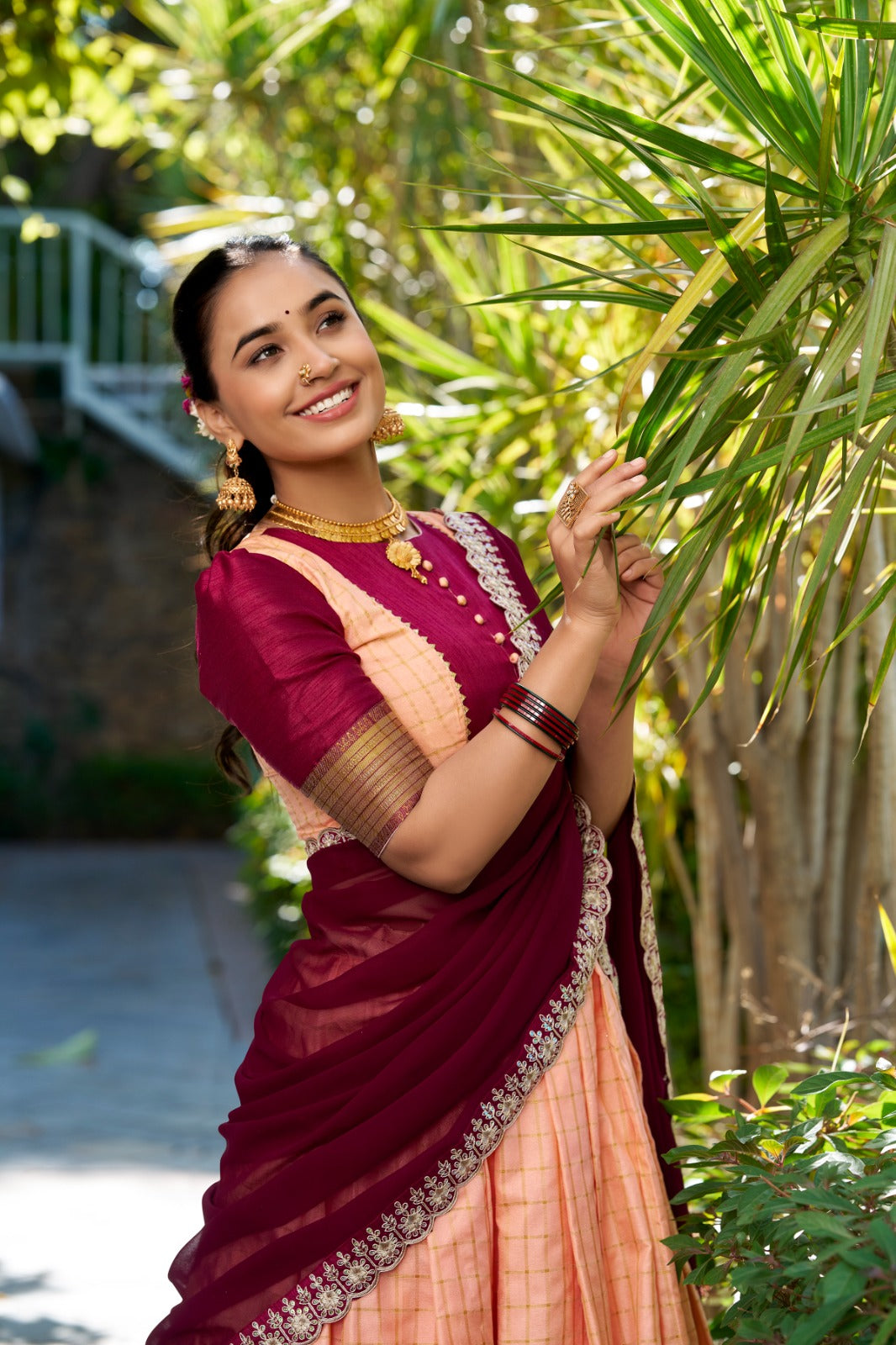 Womenline Premium Peach Color Zari Chex Half Saree