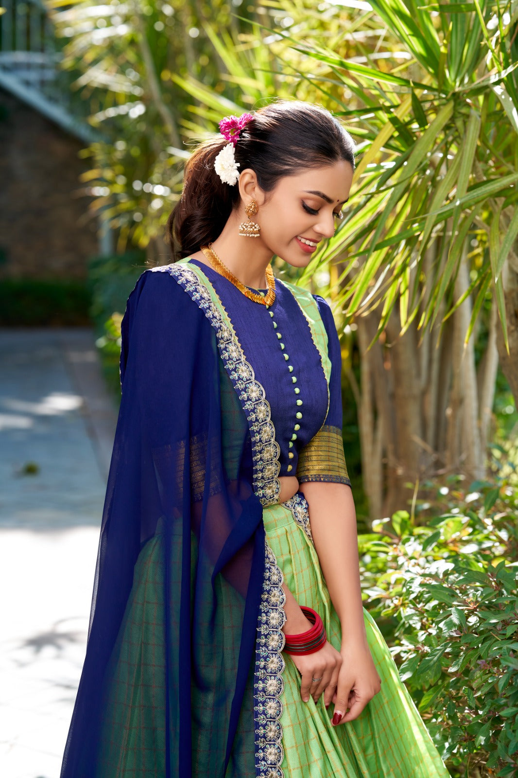 Womenline Premium Pista Color Zari Chex Half Saree