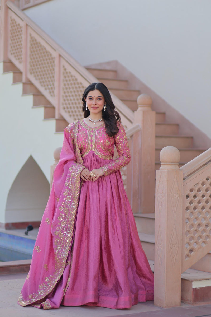 Womenline Pink Color Gold Crush Embroidered Work Gown