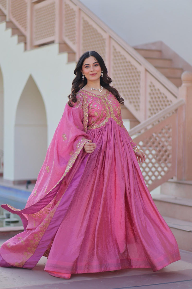 Womenline Pink Color Gold Crush Embroidered Work Gown