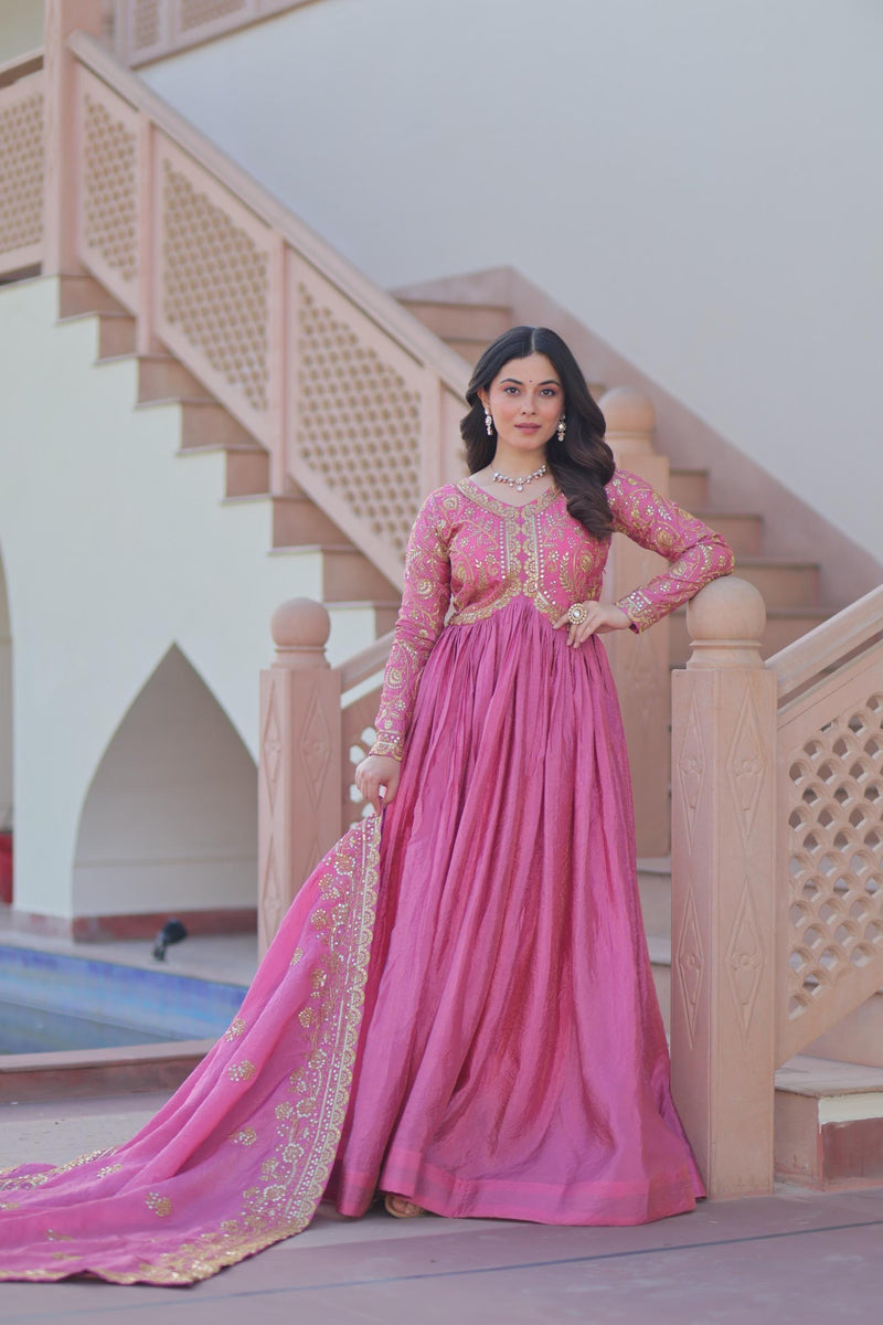 Womenline Pink Color Gold Crush Embroidered Work Gown