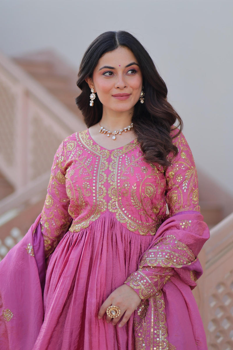 Womenline Pink Color Gold Crush Embroidered Work Gown