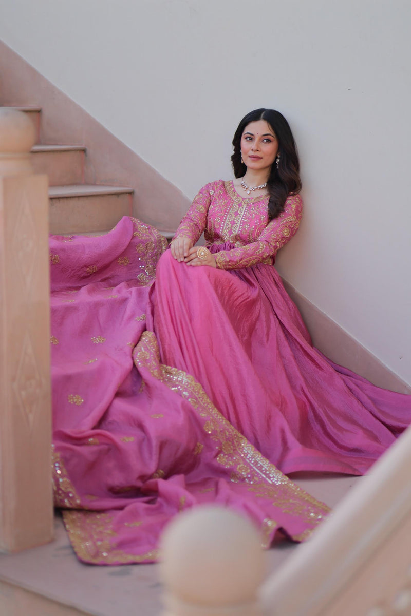 Womenline Pink Color Gold Crush Embroidered Work Gown