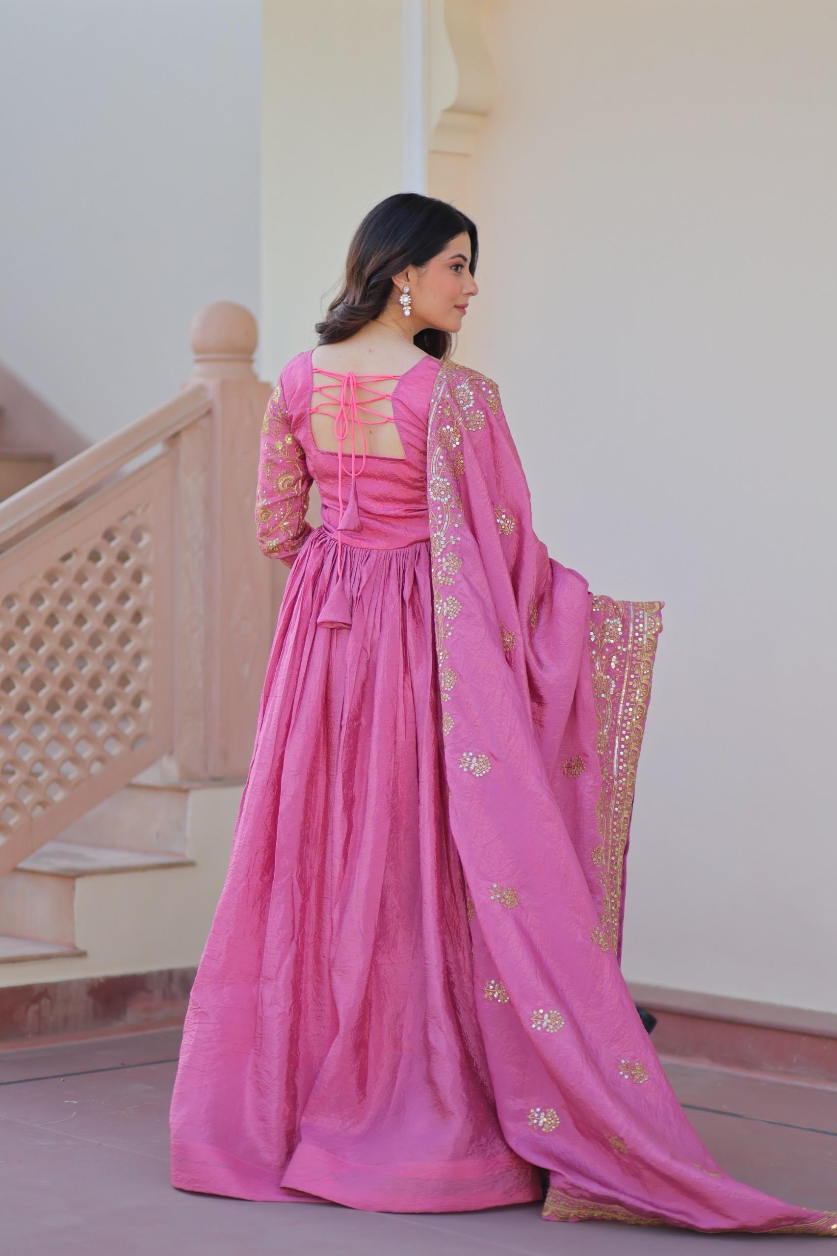 Womenline Pink Color Gold Crush Embroidered Work Gown