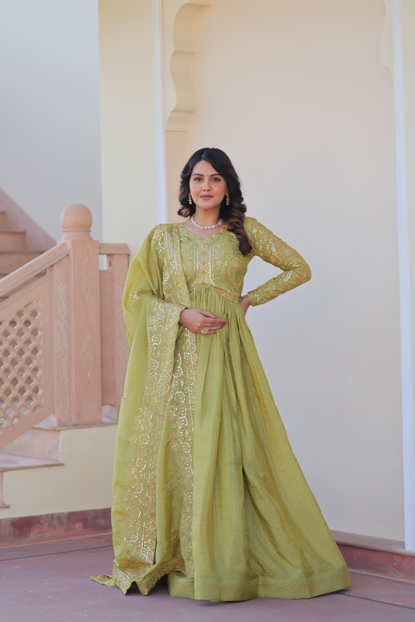 Womenline Parrot Green Color Gold Crush Embroidered Work Gown
