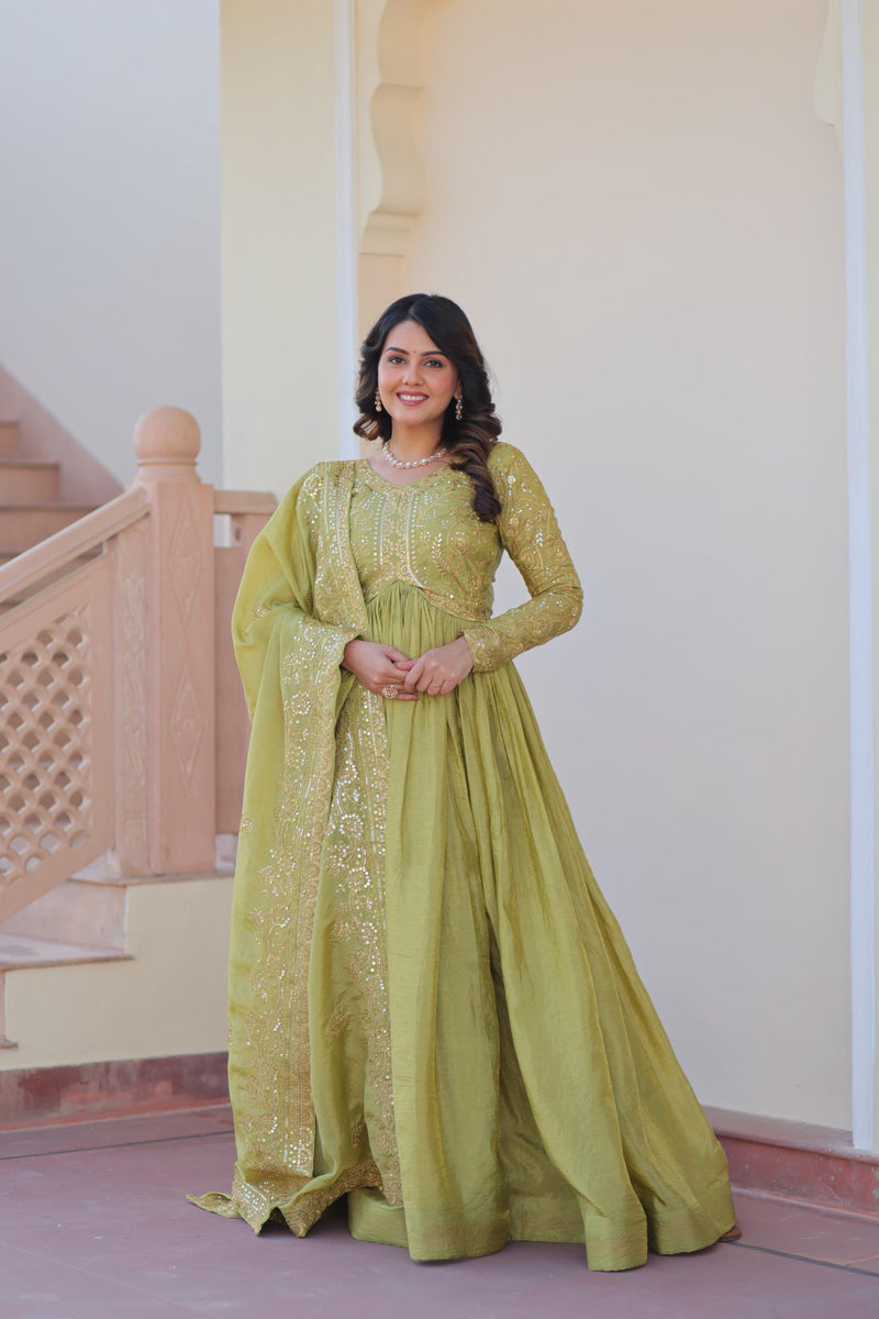 Womenline Parrot Green Color Gold Crush Embroidered Work Gown