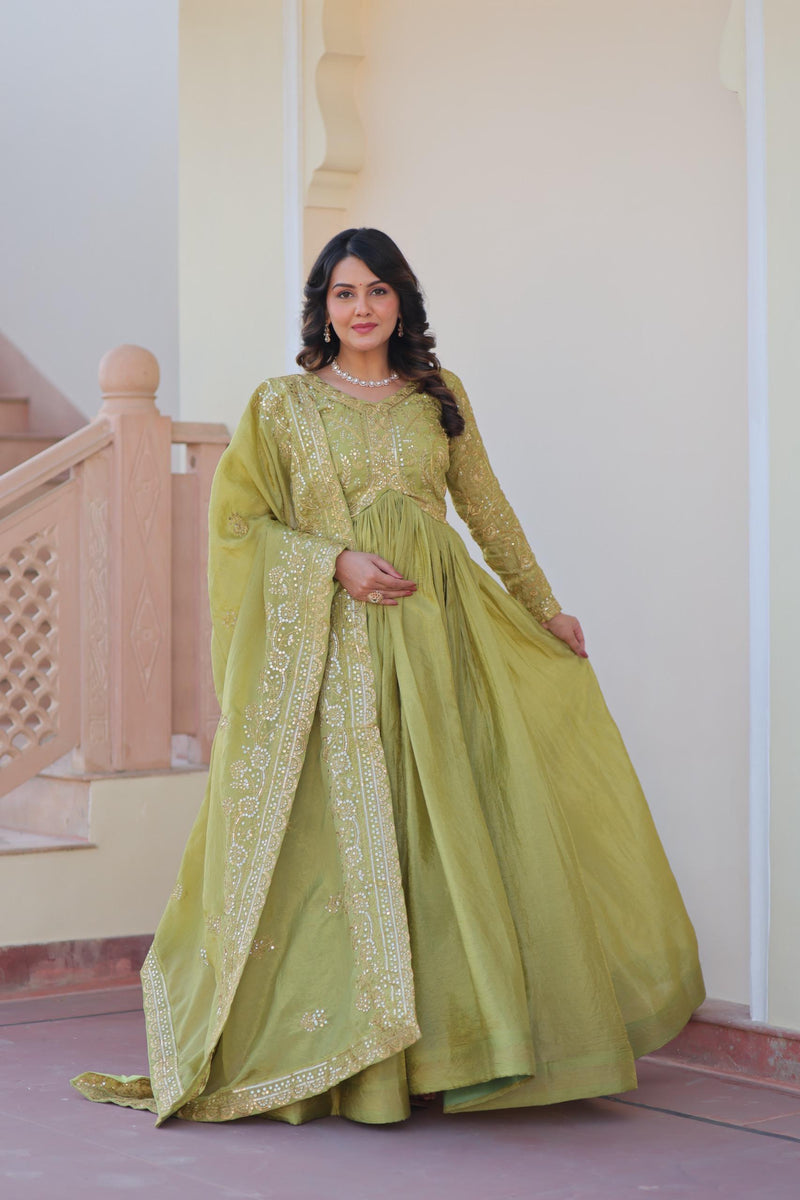Womenline Parrot Green Color Gold Crush Embroidered Work Gown