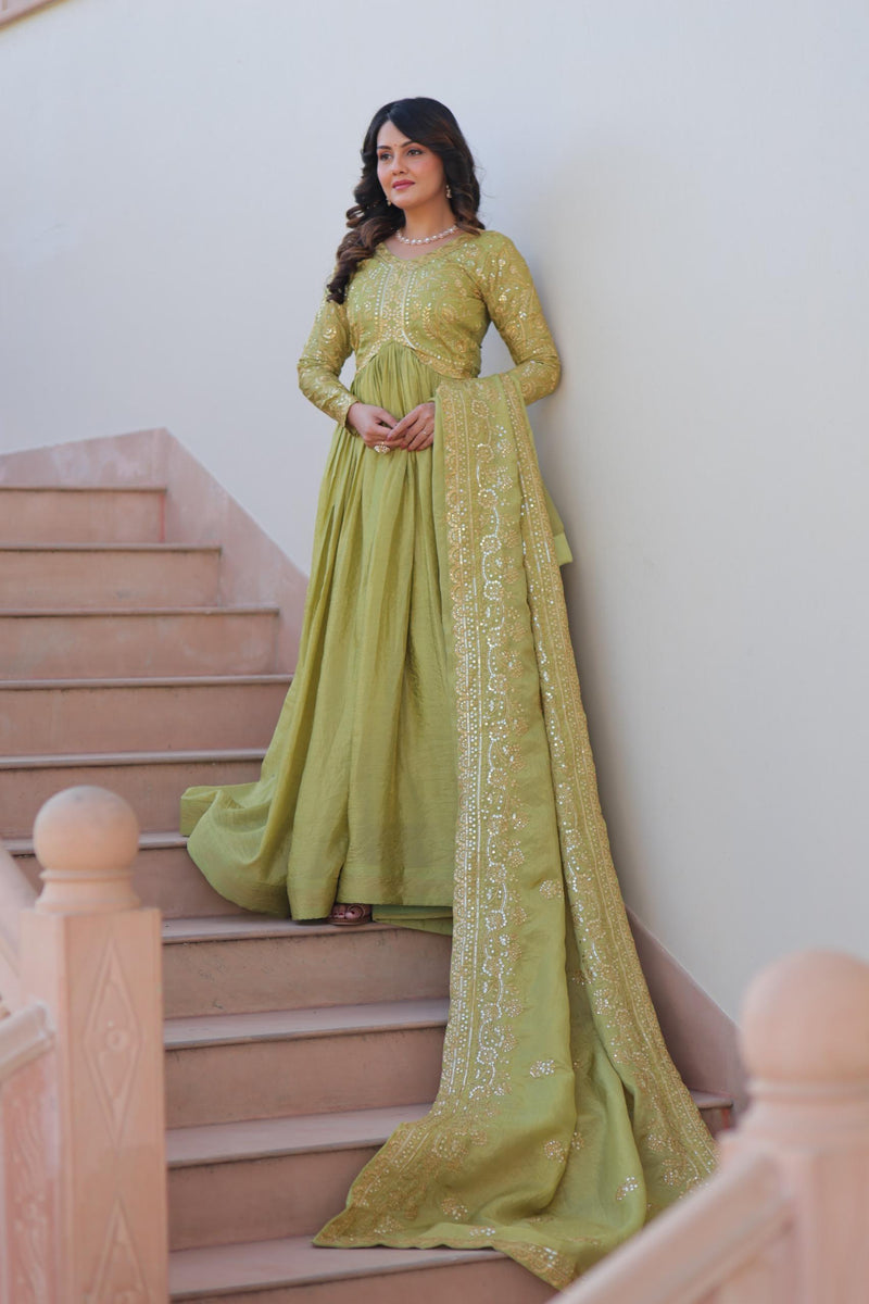 Womenline Parrot Green Color Gold Crush Embroidered Work Gown