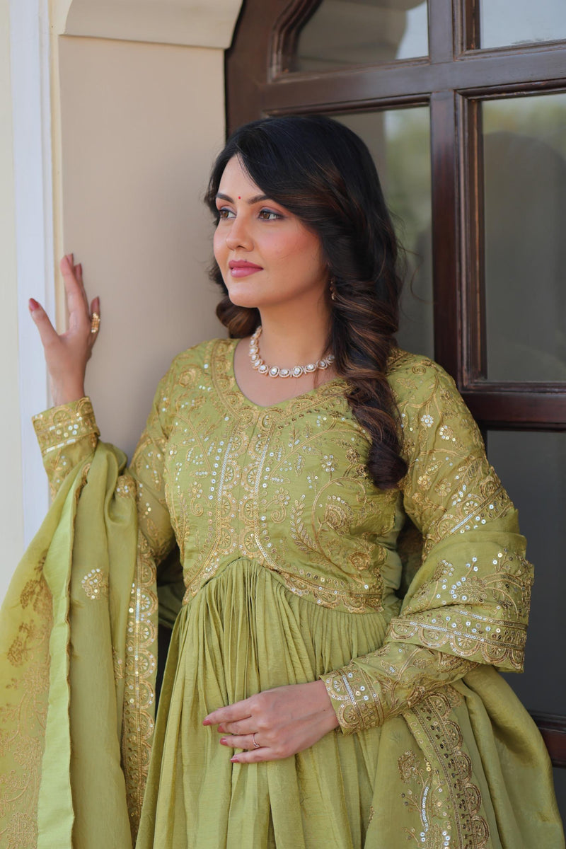 Womenline Parrot Green Color Gold Crush Embroidered Work Gown