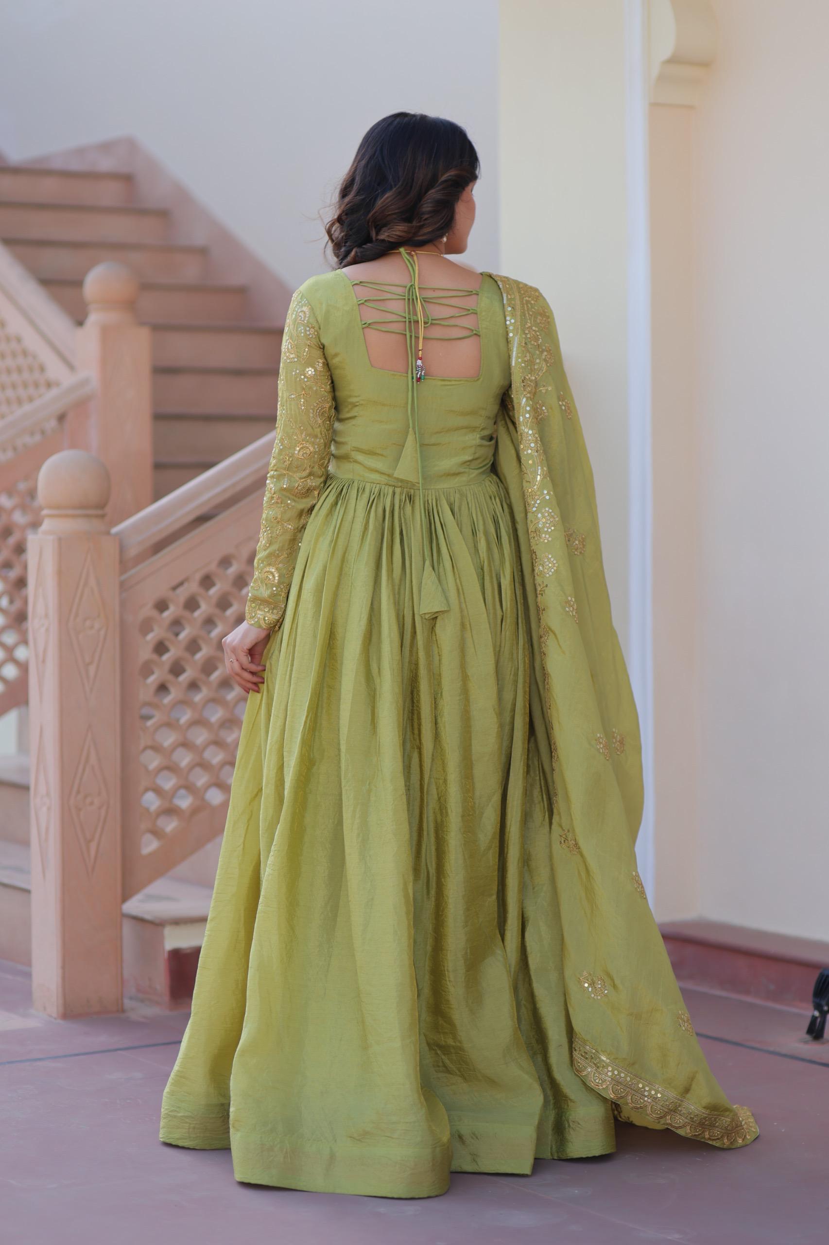 Womenline Parrot Green Color Gold Crush Embroidered Work Gown