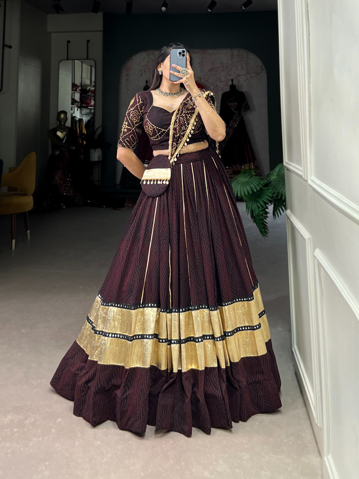 Womenline Brown Color Bandej Georgette Navratri Lehenga Choli