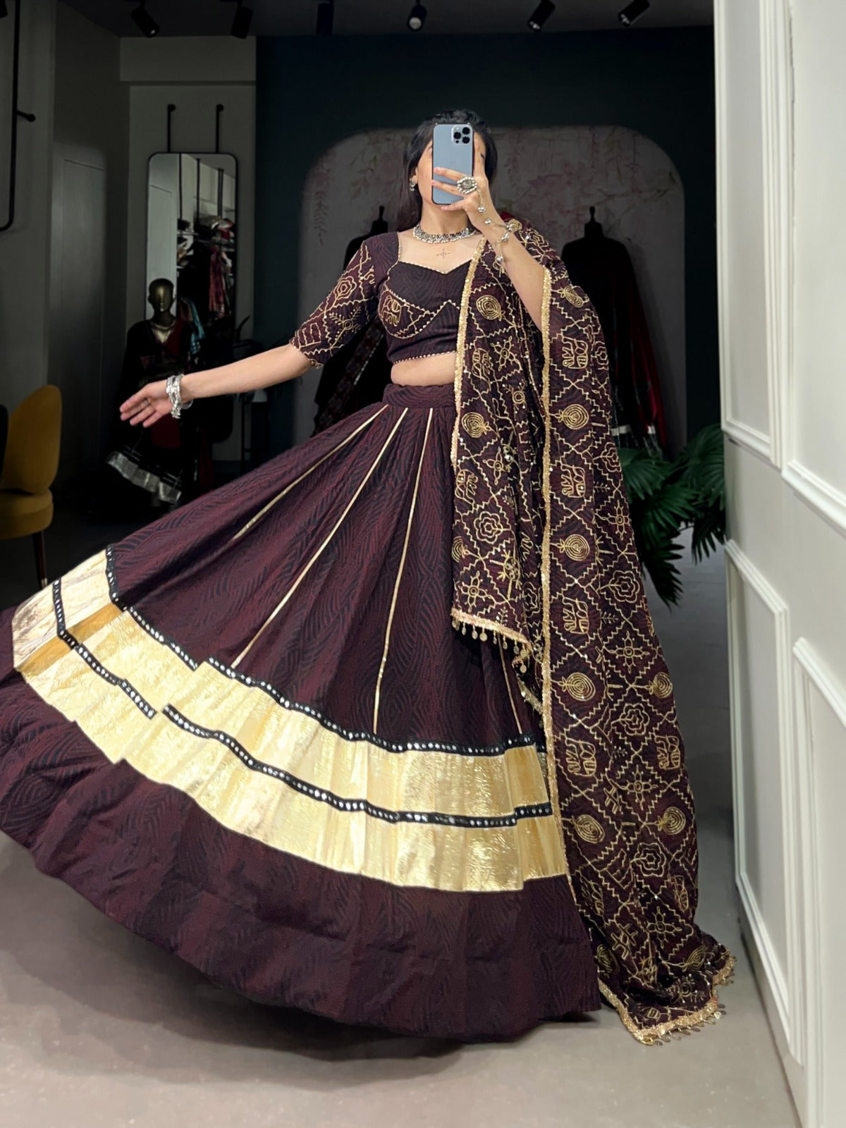 Womenline Brown Color Bandej Georgette Navratri Lehenga Choli
