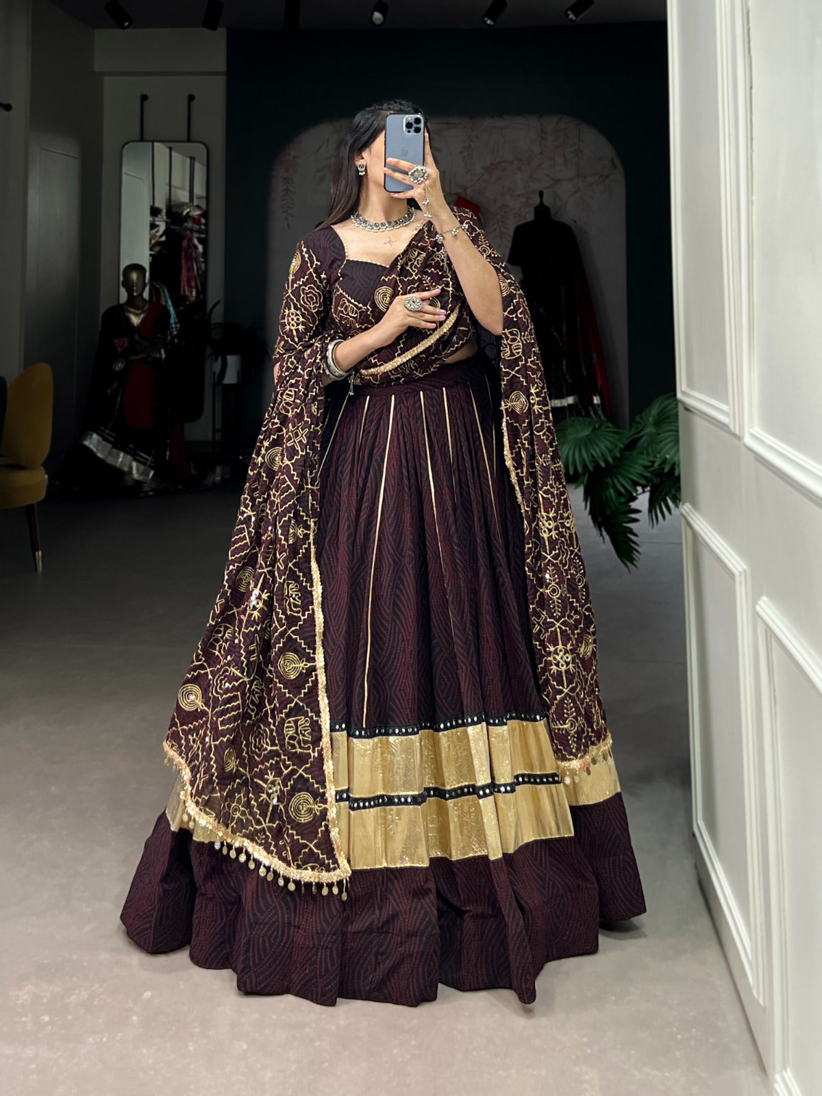 Womenline Brown Color Bandej Georgette Navratri Lehenga Choli