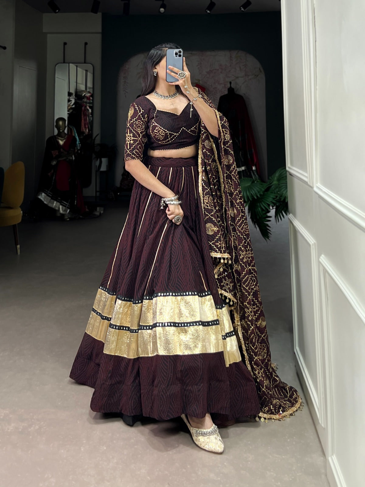 Womenline Brown Color Bandej Georgette Navratri Lehenga Choli