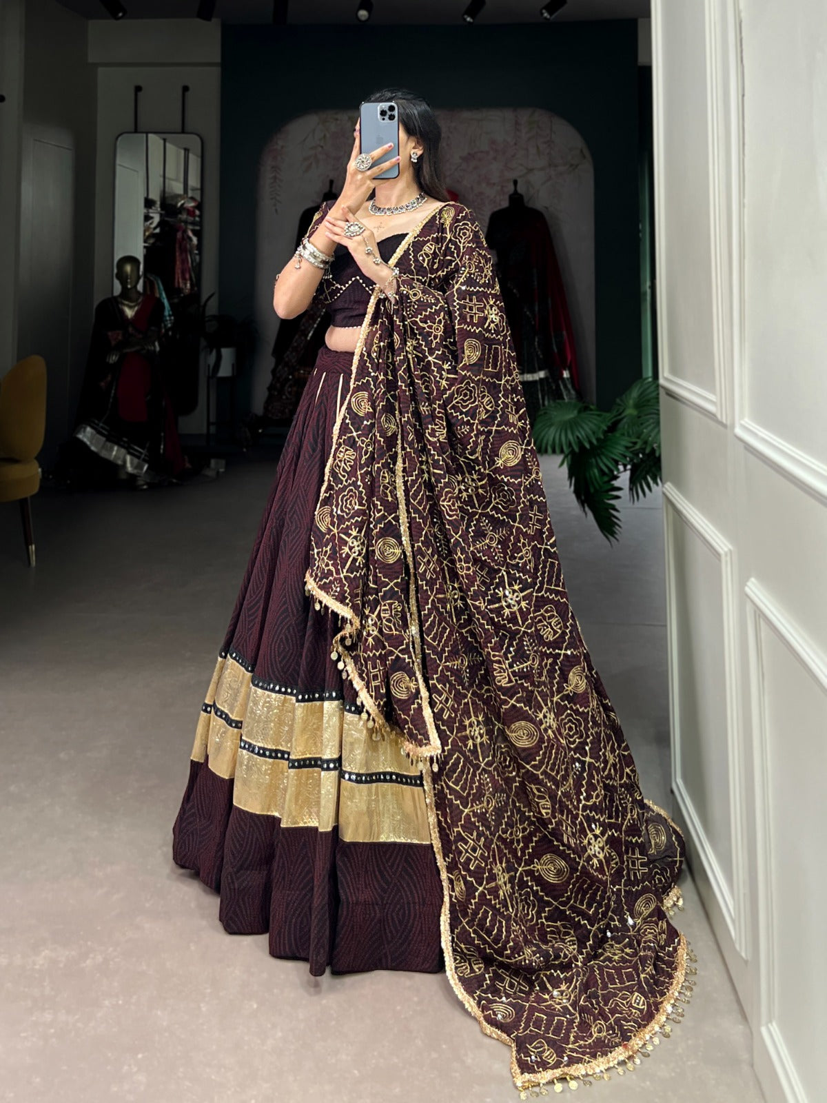 Womenline Brown Color Bandej Georgette Navratri Lehenga Choli