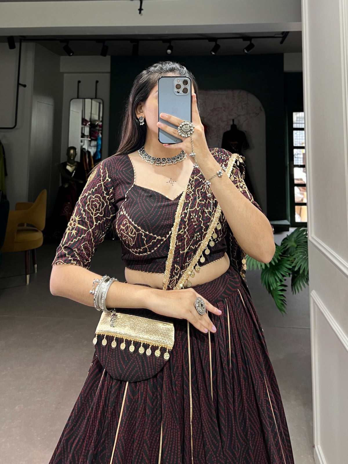 Womenline Brown Color Bandej Georgette Navratri Lehenga Choli