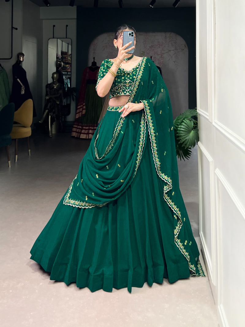 Womenline Bottle Green Color Georgette Embroidered Lehenga Choli