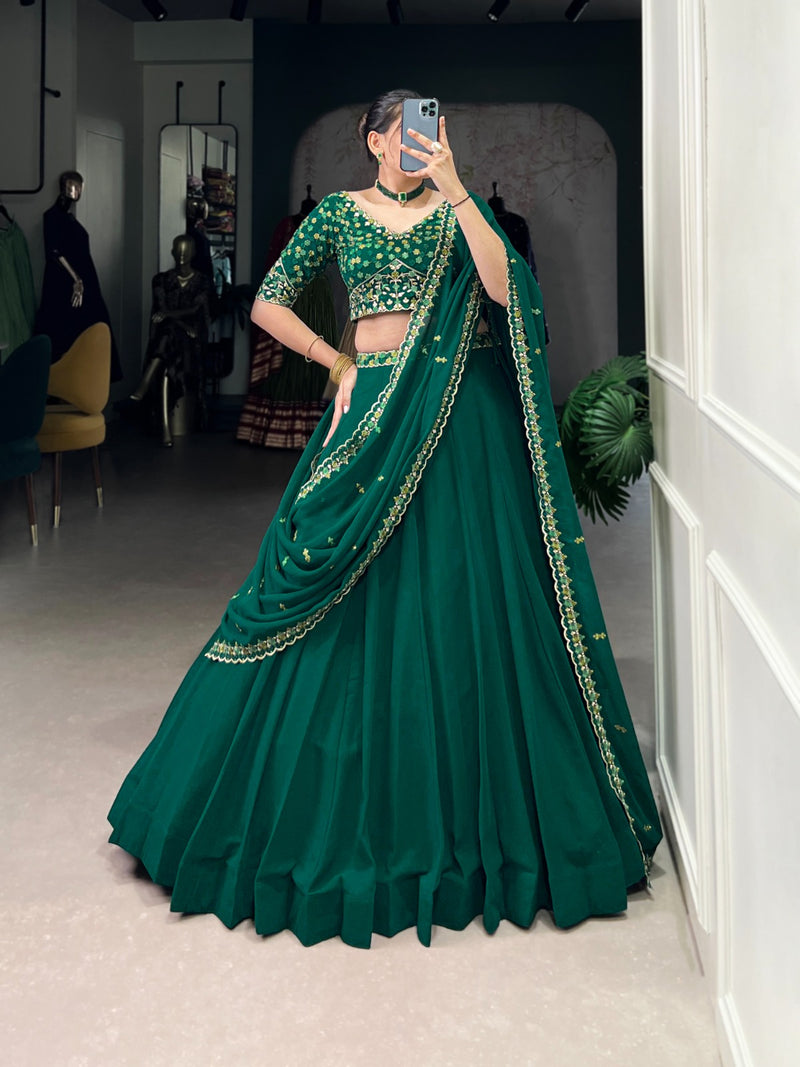 Womenline Bottle Green Color Georgette Embroidered Lehenga Choli