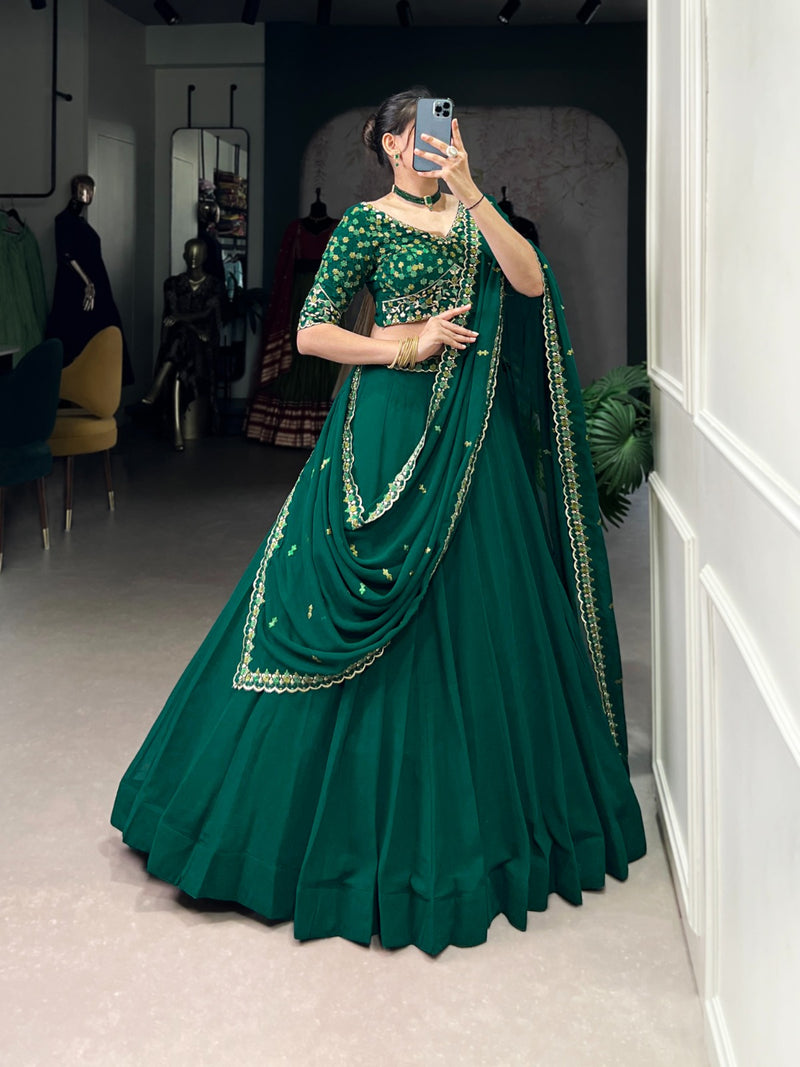 Womenline Bottle Green Color Georgette Embroidered Lehenga Choli