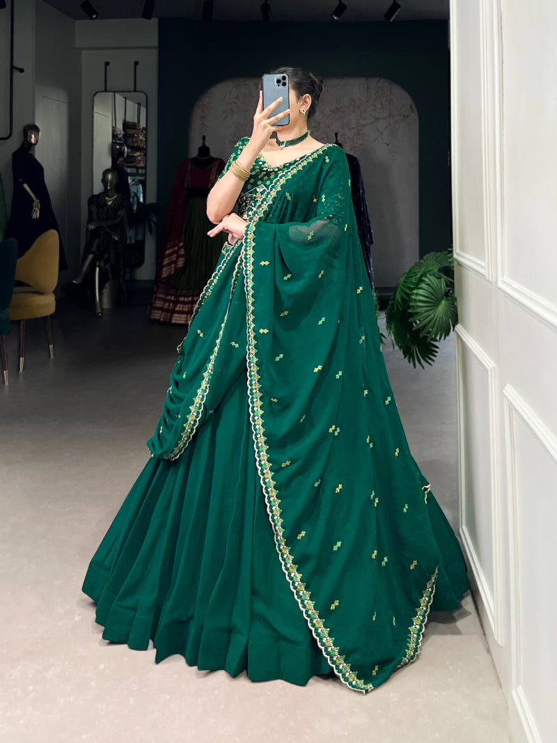 Womenline Bottle Green Color Georgette Embroidered Lehenga Choli