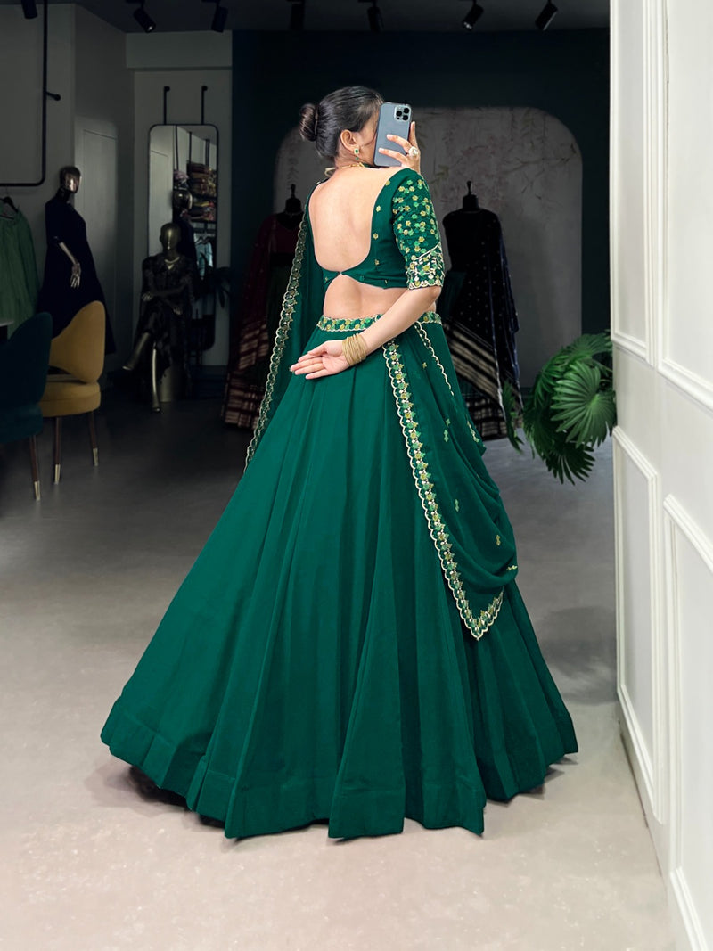 Womenline Bottle Green Color Georgette Embroidered Lehenga Choli