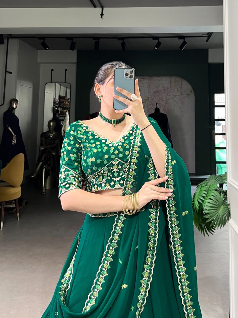 Womenline Bottle Green Color Georgette Embroidered Lehenga Choli