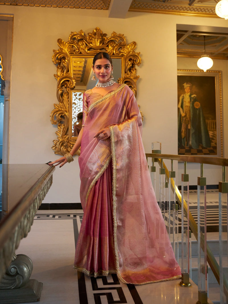 Womenline Light Pink Color Weightless Tissue Shimmer Saree