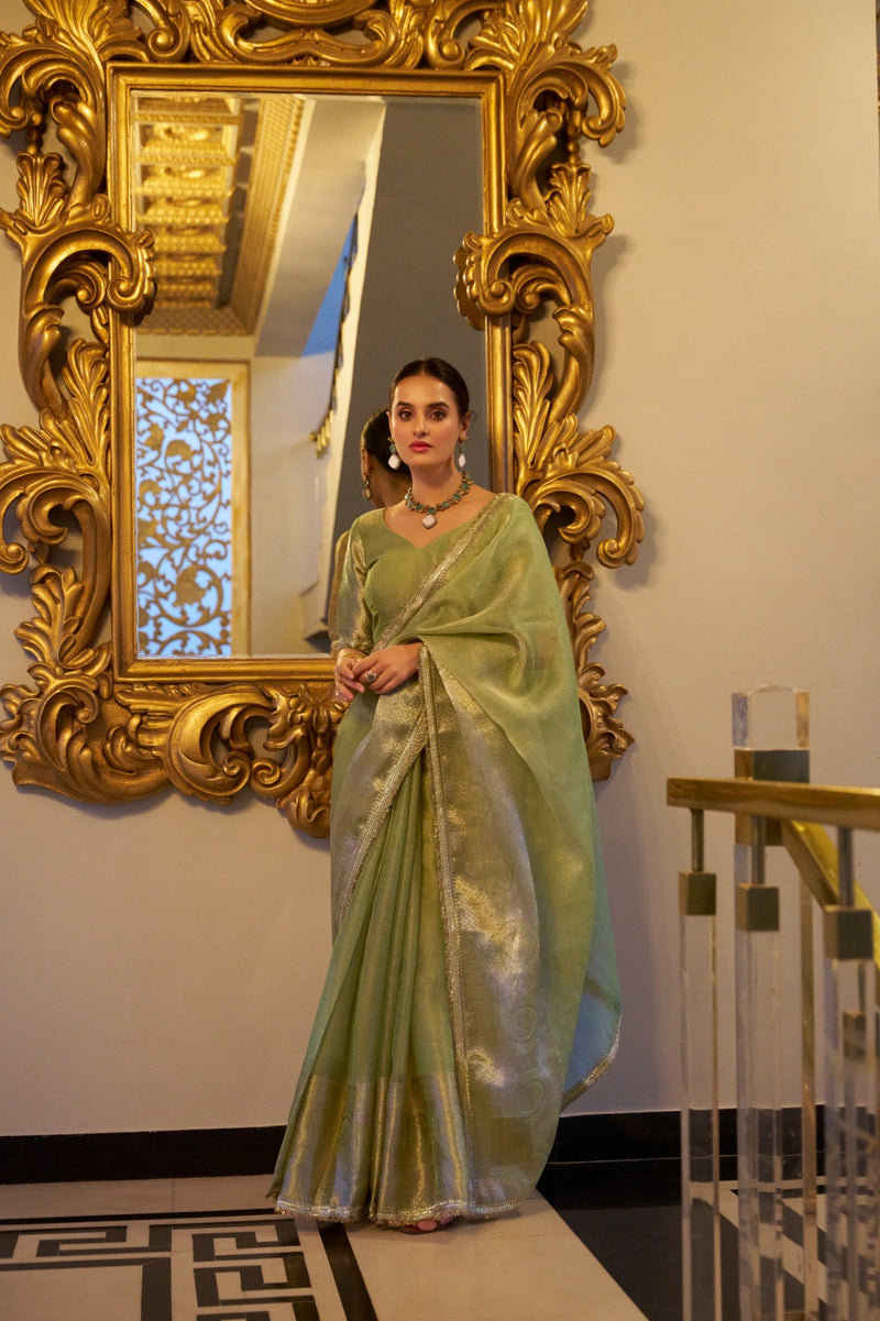 Womenline Pista Color Weightless Tissue Shimmer Saree