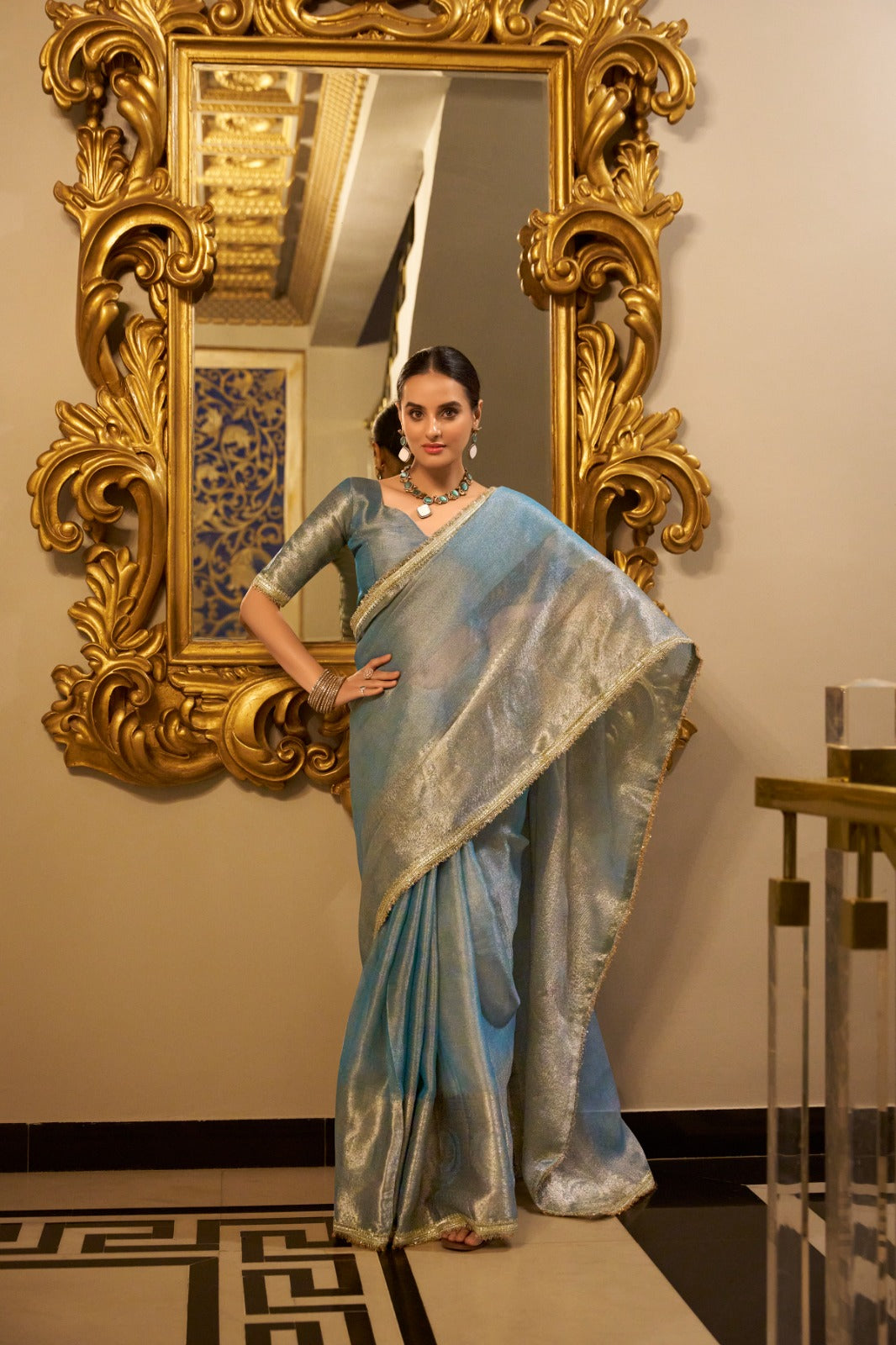 Womenline Sky Blue Color Weightless Tissue Shimmer Saree
