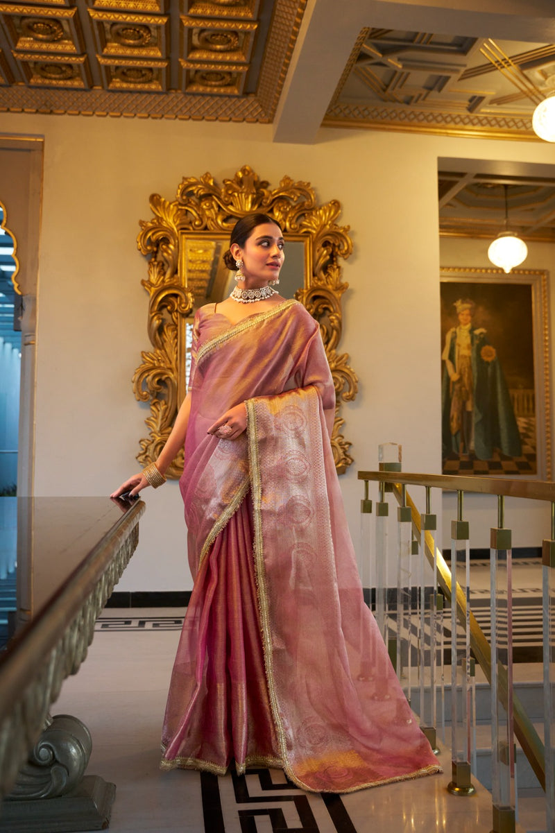 Womenline Light Pink Color Weightless Tissue Shimmer Saree