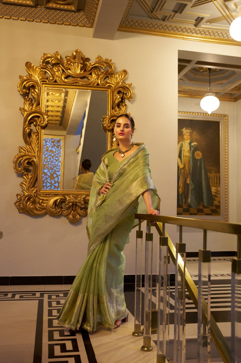 Womenline Pista Color Weightless Tissue Shimmer Saree