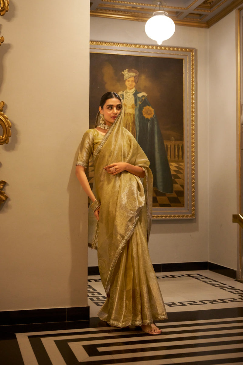 Womenline Golden Color Weightless Tissue Shimmer Saree