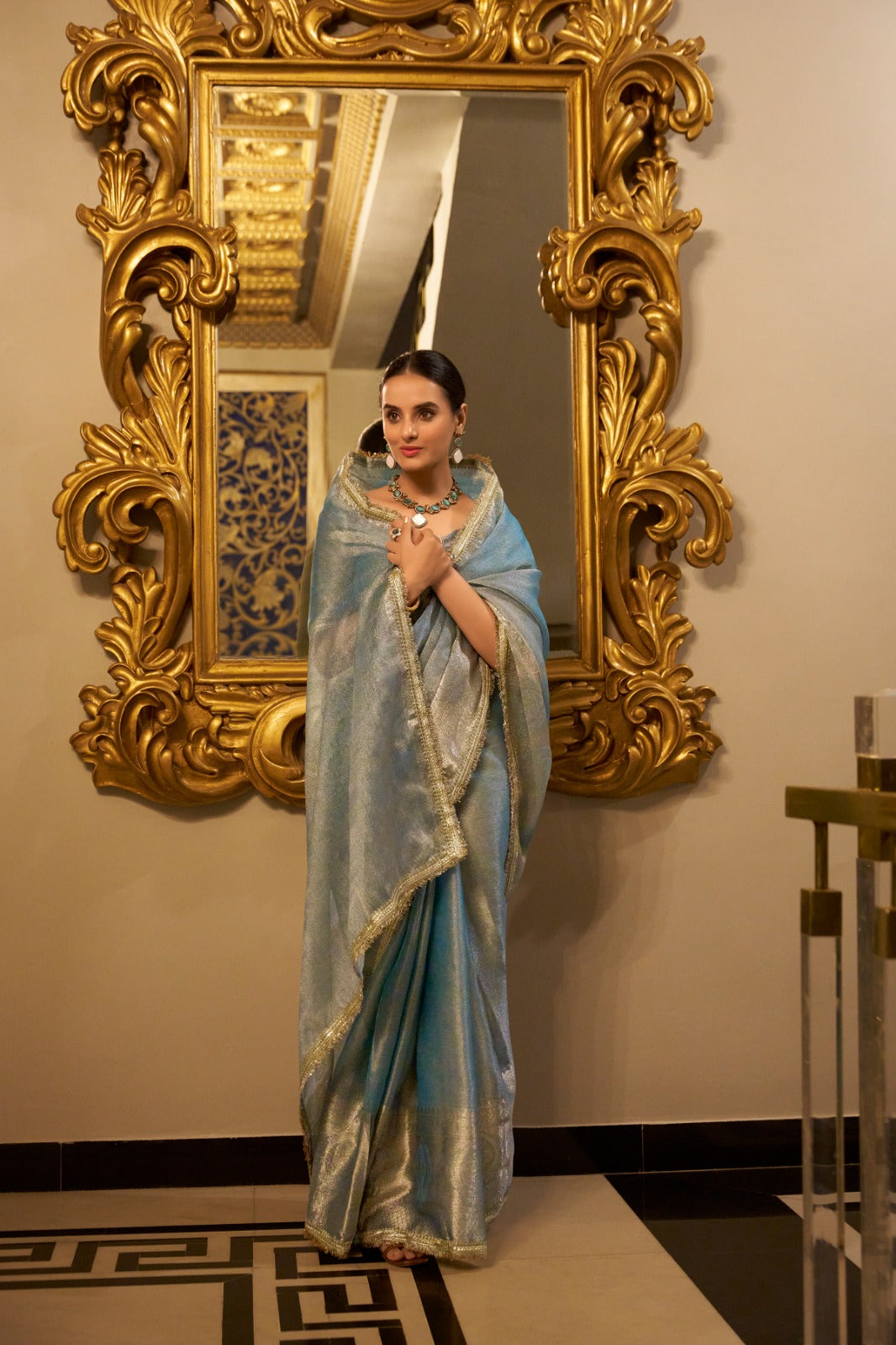 Womenline Sky Blue Color Weightless Tissue Shimmer Saree