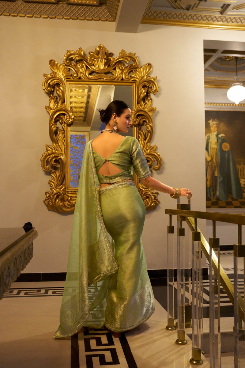 Womenline Pista Color Weightless Tissue Shimmer Saree