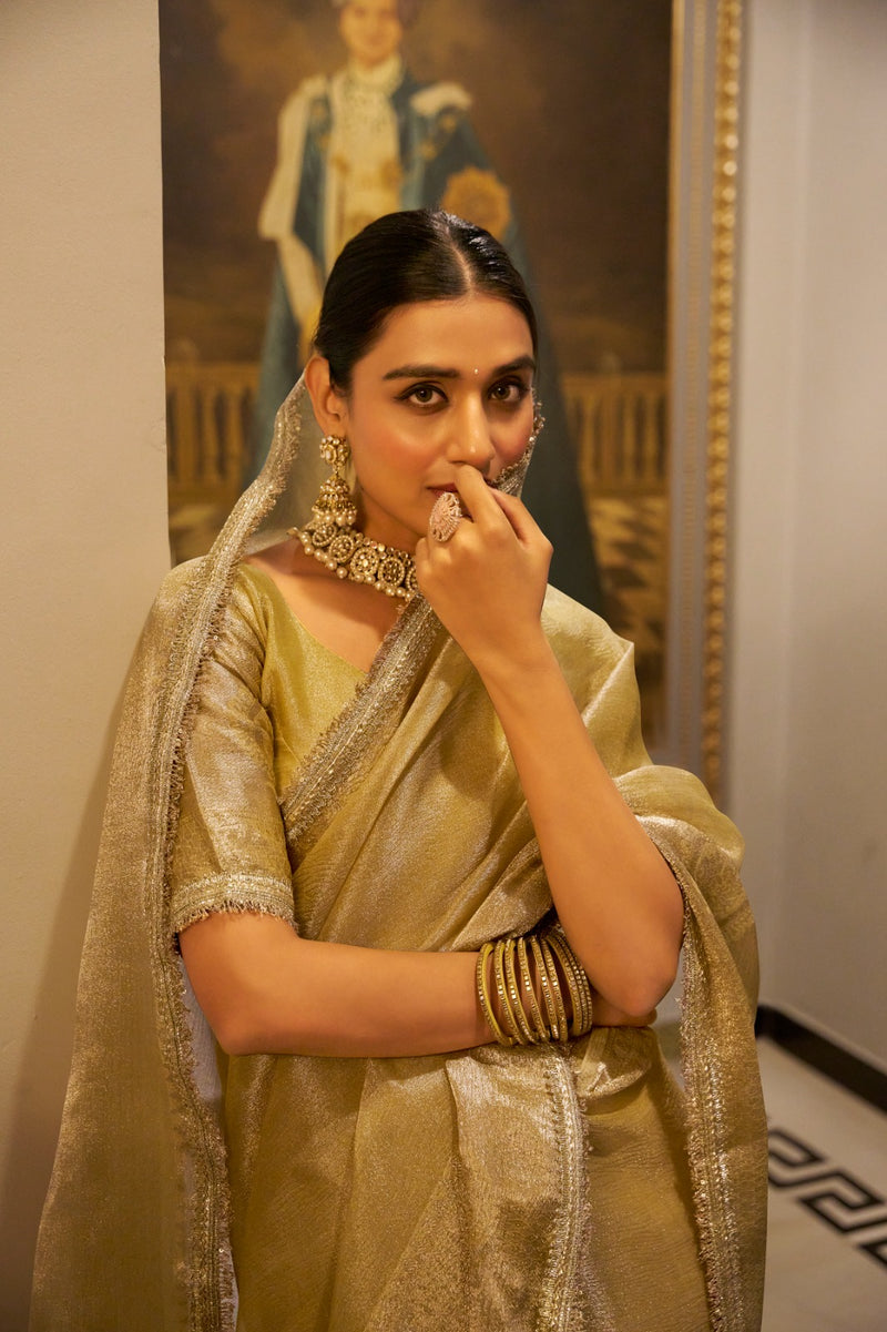 Womenline Golden Color Weightless Tissue Shimmer Saree