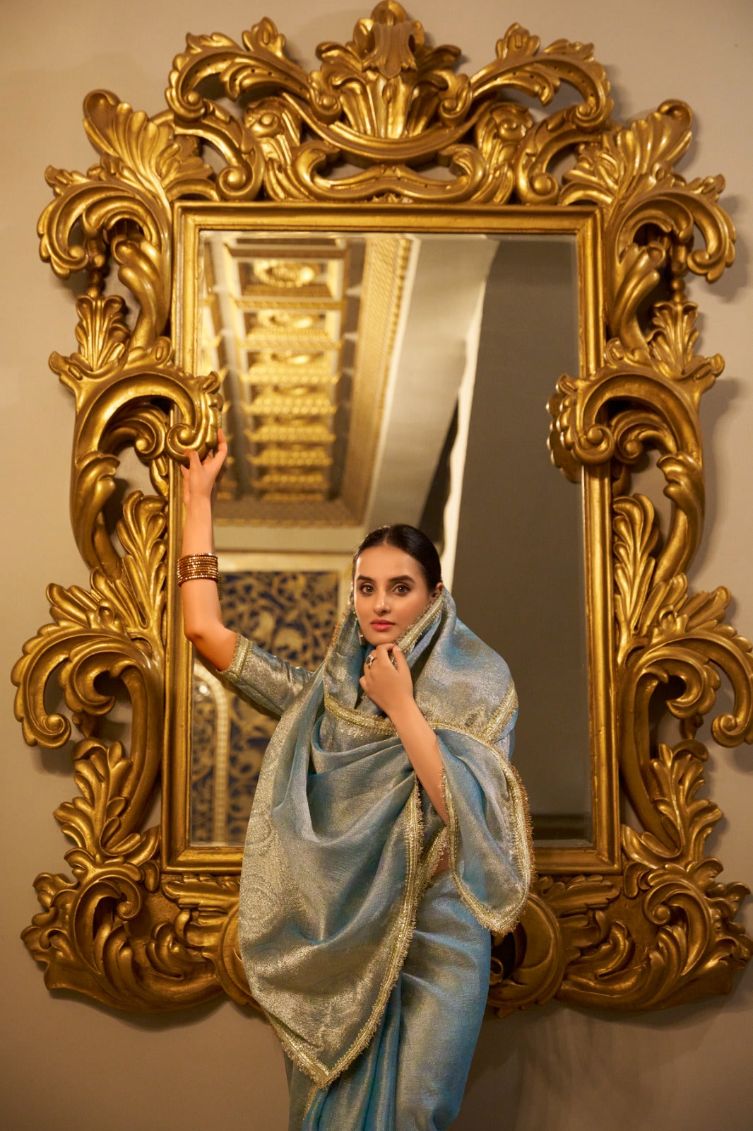 Womenline Sky Blue Color Weightless Tissue Shimmer Saree