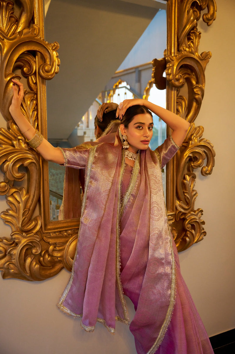 Womenline Light Pink Color Weightless Tissue Shimmer Saree
