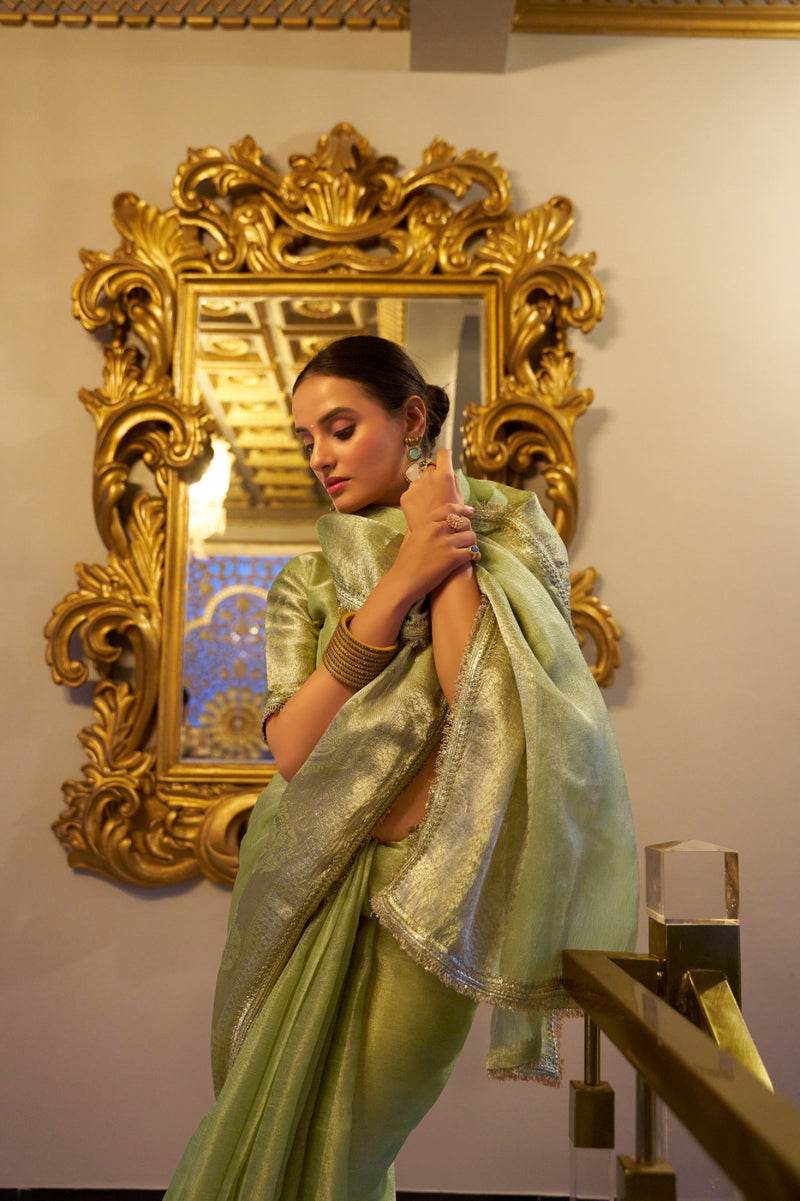 Womenline Pista Color Weightless Tissue Shimmer Saree