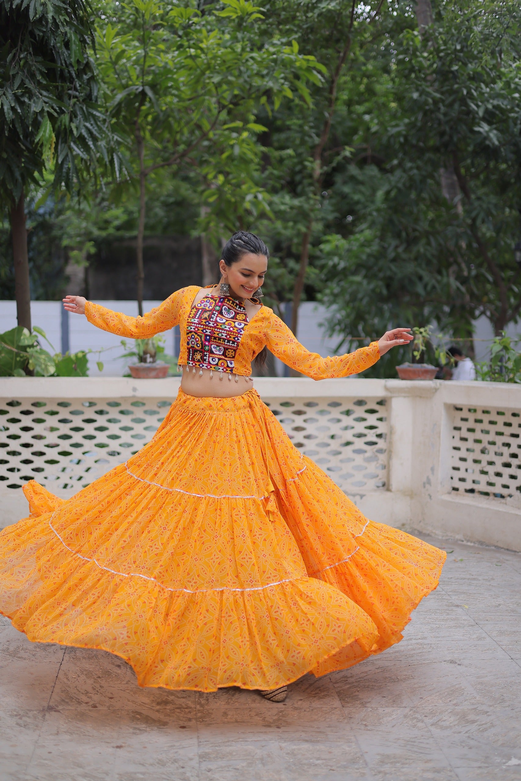 Womenline Yellow ColorFaux Georgette Navratri Lehenga Choli