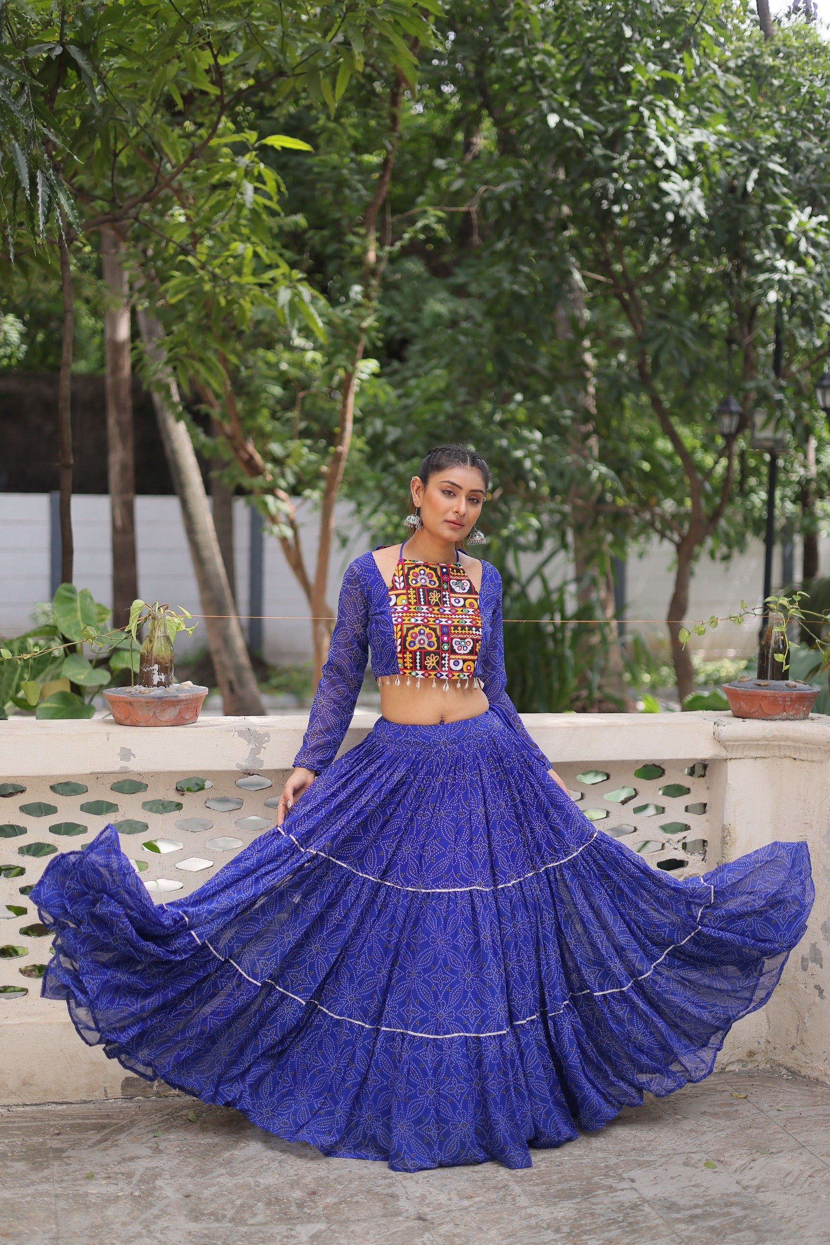 Womenline Blue Color Faux Georgette Navratri Lehenga Choli