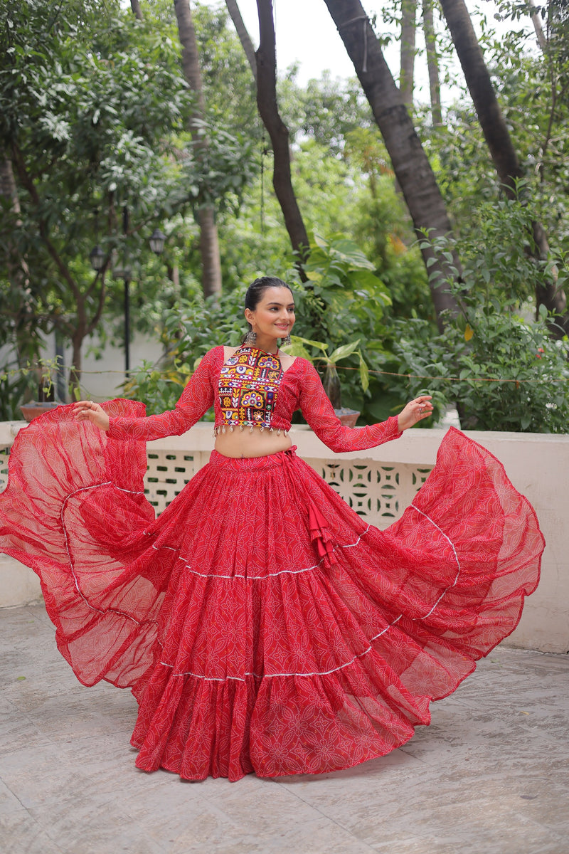 Womenline Red Color Faux Georgette Navratri Lehenga Choli